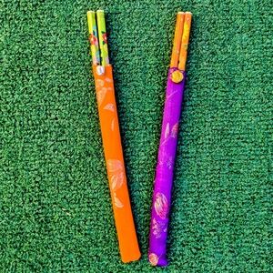 2 Pair Lucky Wooden Chopsticks With Embroidered Silk Case Sleeve Sheath 9.5" New